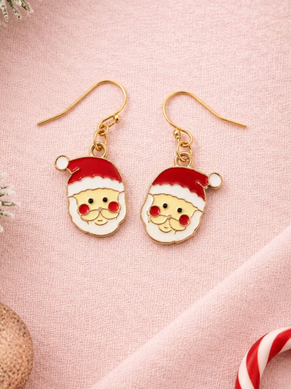 Santa Claus Face Dangle Earrings Red White Enamel Gold Christmas Festive